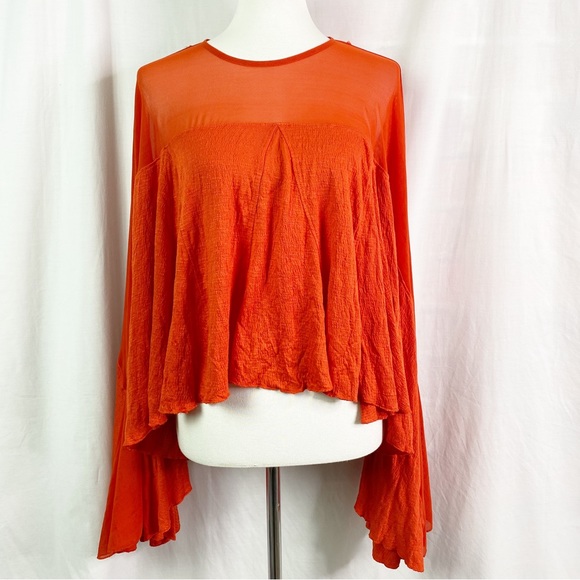 Free People On The Weekend Flowy Bell Sleeve Blouse Persimmon Red Sm NEW NWT - Picture 2 of 12